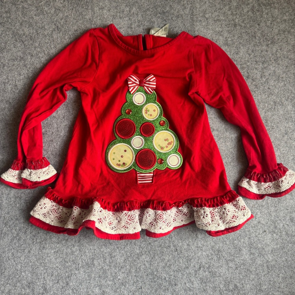 Emily Rose Girls 7 Red Christmas Tree Tunic Top Sequin Lace Velvet Ruffle Shirt